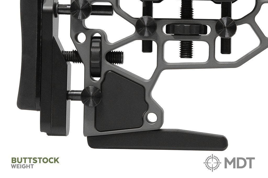 Add weight to your buttstock to decrease recoil and balance your rifle.

This weight mounts in the lower pocket of the MDT ESS, ACC, and SRS V5 buttstocks. The weight and its hardware will add 0.65 lb to your rifle system. Attaching near the bottom of the stock will move your balance point rearward significantly.

To install, remove the buttpad assembly, slide the weight into the lower pocket, attach with included screws and reinstall the buttpad assembly. The buttstock weight is a nice compliment to our M-LOK Exterior Forend Weights.