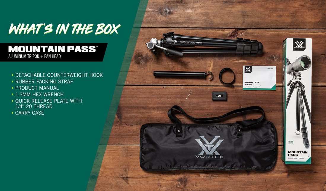 Vortex Mountain Pass Aluminum Tripod pan head tripod kit - what's in the box