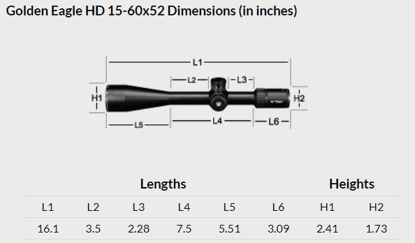 Vortex Golden Eagle HD 15-60x52 Dimensions (in inches)