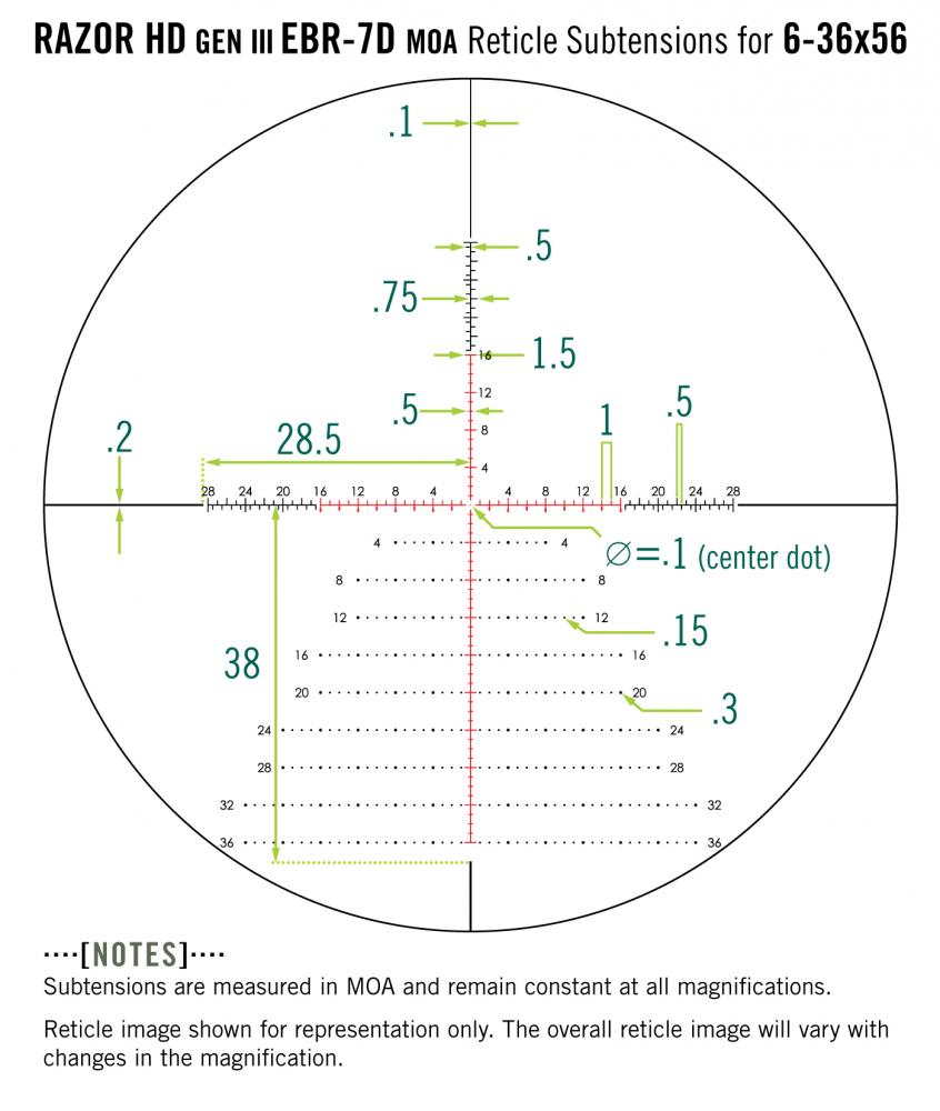 Vortex EBR-7D MOA Packed with useful subtension data for long-range shooting , the EBR-7D is a hashmarked, ranging reticle available in the first focal plane. A windage tree in the lower two quadrants is perfect for fast follow-up corrections for both wind and elevation. The cross-plex illumination allows for better usability at lower magnification.